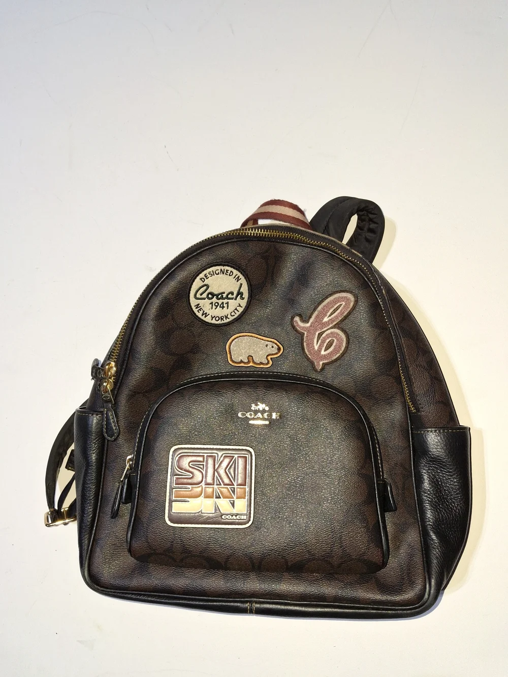 Coach Brown Signature Canvas Patch Backpack with Black Leather Trim